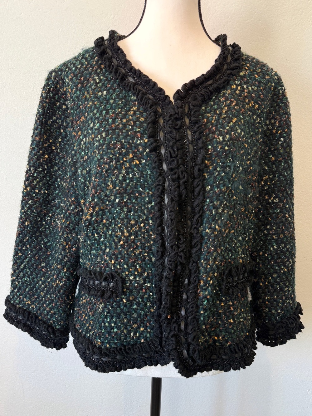 St. John Couture Tweed Knit Jacket Black Green/Blue Wool Silk Jacket Size 14